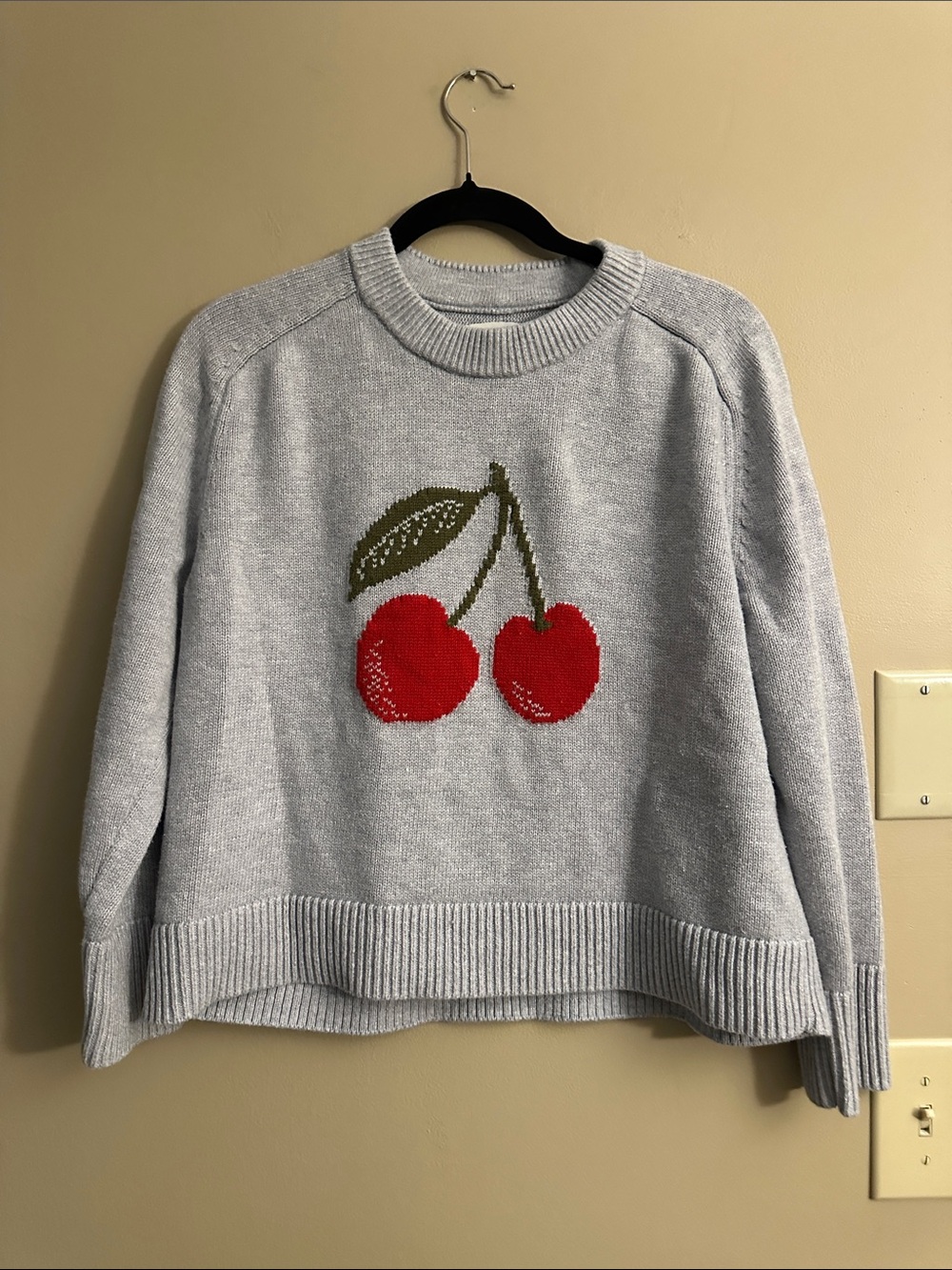 Abercrombie & Fitch Light Gray Crewneck Sweater with Red Cherry Motif